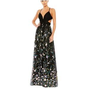 Mac Duggal Black Embroidered Sequin Floral Backless Gown